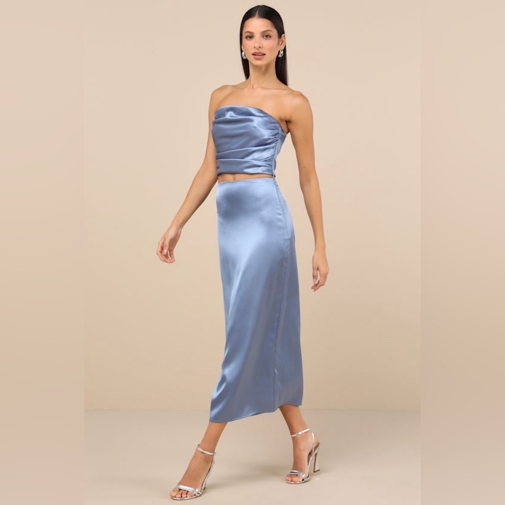 LULU’S DEMURE SWEETIE SATIN STRAPLESS TWO PIECE MIDI DRESS - Picture 2 of 13